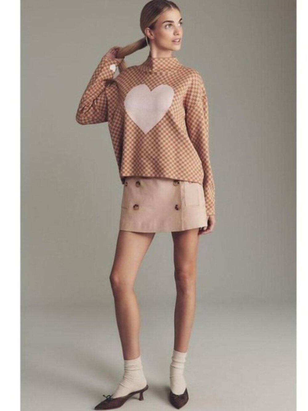 ANTHROPOLOGIE Maeve Carys Heart Checked Mock Neck Sweater XS NWT